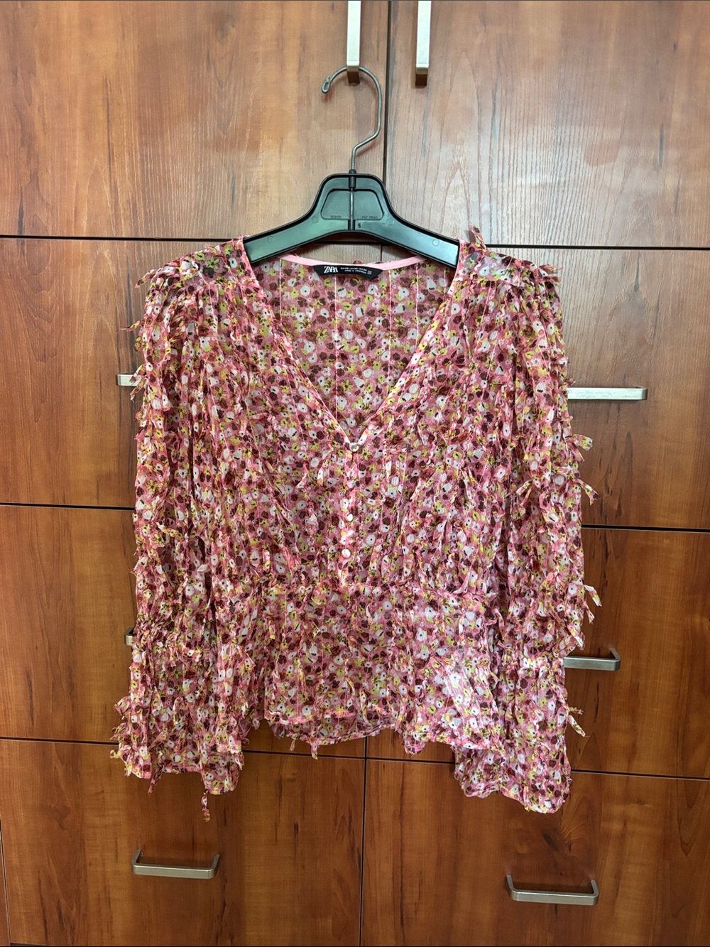 Zara Floral Textured Chiffon Ruffle Blouse